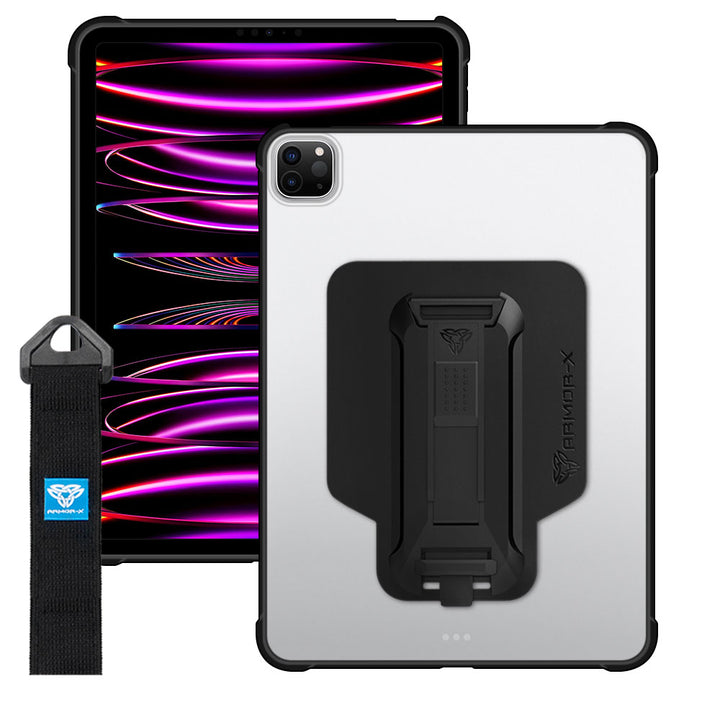 ARMOR-X iPad Pro 11 ( 1st / 2nd / 3rd / 4th Gen. ) 2018 / 2020 / 2021 / 2022 Matte Protective Case with hand strap and kick stand. One-handed design for your workplace.