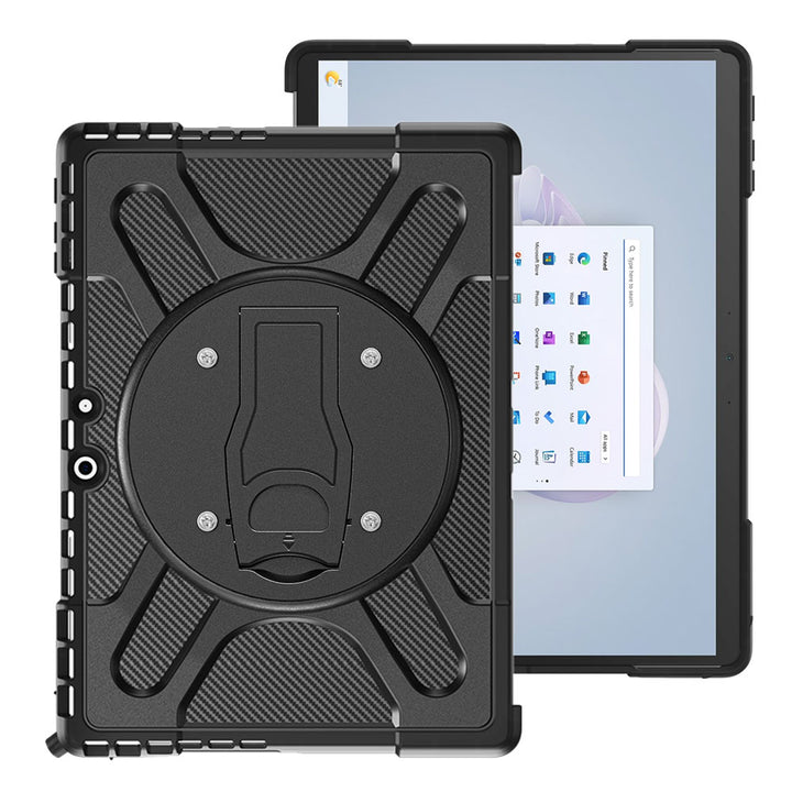 ARMOR-X Rugged shockproof case for Microsoft Surface Pro 11, 10, and 9 with VESA 75x75mm mounting holes, dual-layer TPU protection, kickstand, and Type Cover keyboard compatibility.