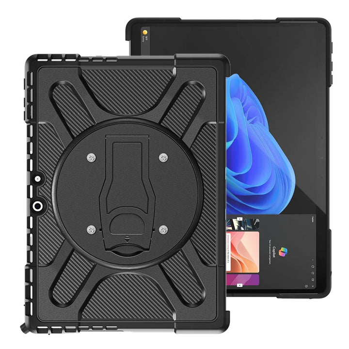 ARMOR-X Rugged shockproof case for Microsoft Surface Pro 13-inch Copilot+ PC with VESA 75x75mm mounting holes, dual-layer TPU protection, kickstand, and Type Cover keyboard compatibility.