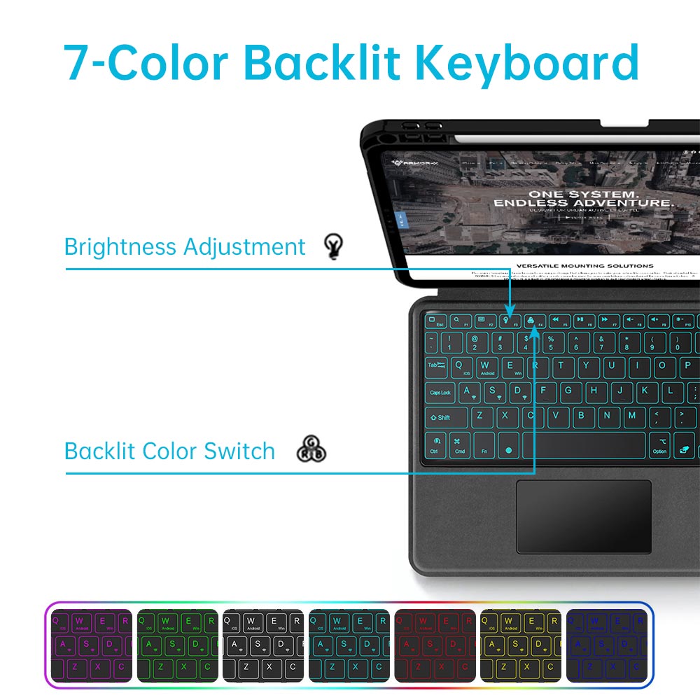 ARMOR-X wireless bluetooth keyboard case with trackpad. Work comfortably in any environment with vibrant 7-color backlighting.