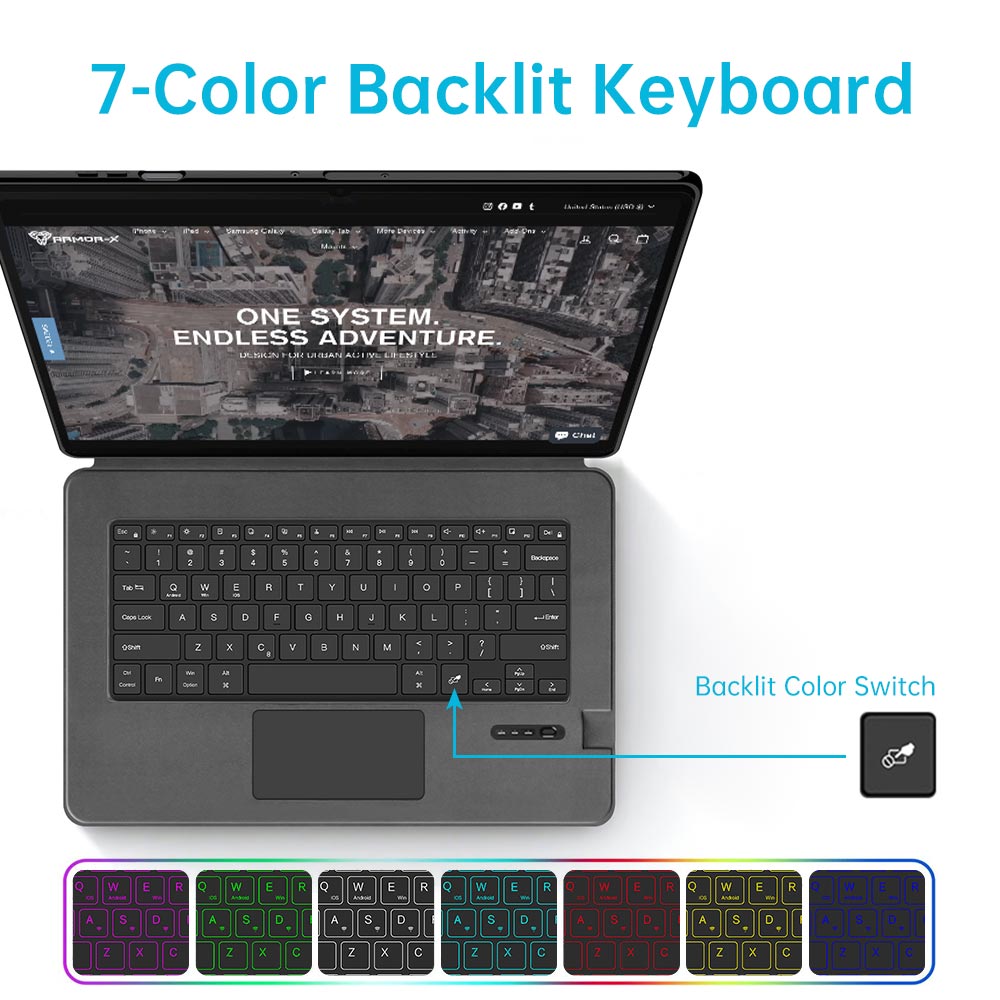 ARMOR-X wireless bluetooth keyboard case with trackpad. Work comfortably in any environment with vibrant 7-color backlighting.