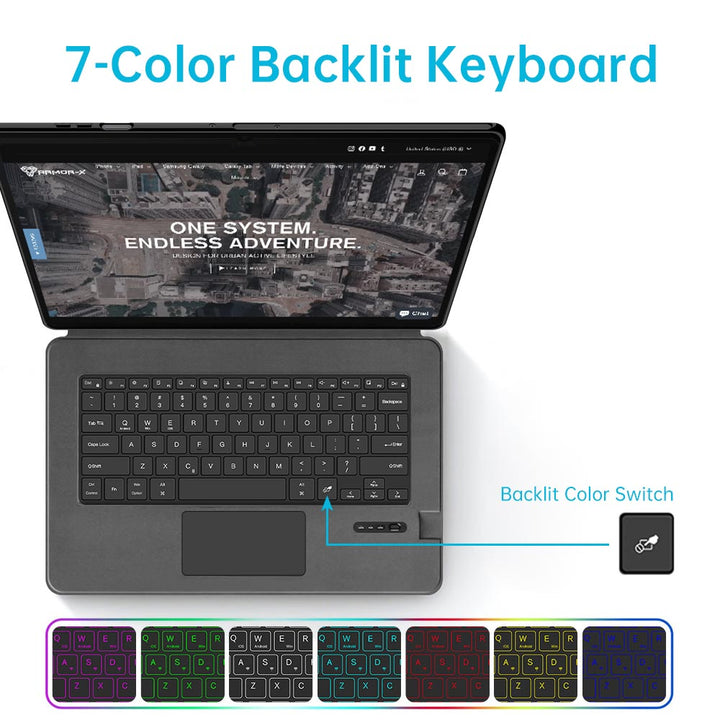 ARMOR-X wireless bluetooth keyboard case with trackpad. Work comfortably in any environment with vibrant 7-color backlighting.