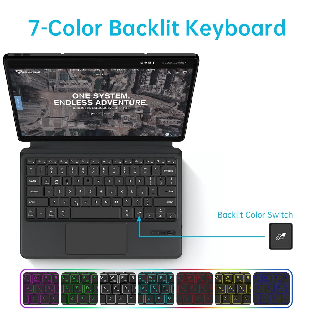 ARMOR-X wireless bluetooth keyboard case with trackpad. Work comfortably in any environment with vibrant 7-color backlighting.