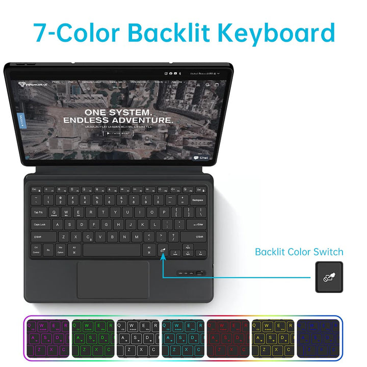 ARMOR-X wireless bluetooth keyboard case with trackpad. Work comfortably in any environment with vibrant 7-color backlighting.