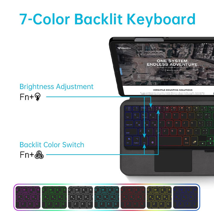 ARMOR-X wireless bluetooth keyboard case with trackpad. Work comfortably in any environment with vibrant 7-color backlighting.