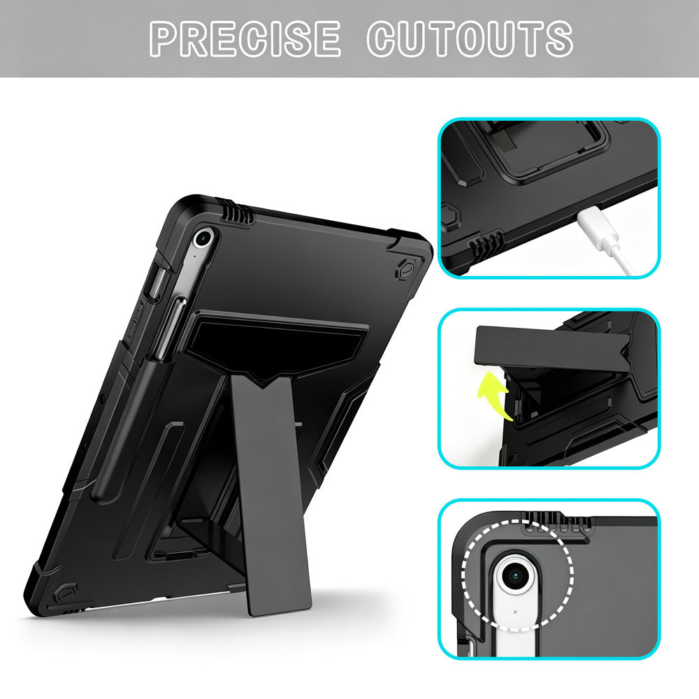 ARMOR-X Samsung Galaxy Tab S10 FE+ S10 FE Plus SM-X620 X626 X628 shockproof case. Folded T-shaped kickstand support both portrait and landscape mode. Work perfectly for APPs need both viewing modes.