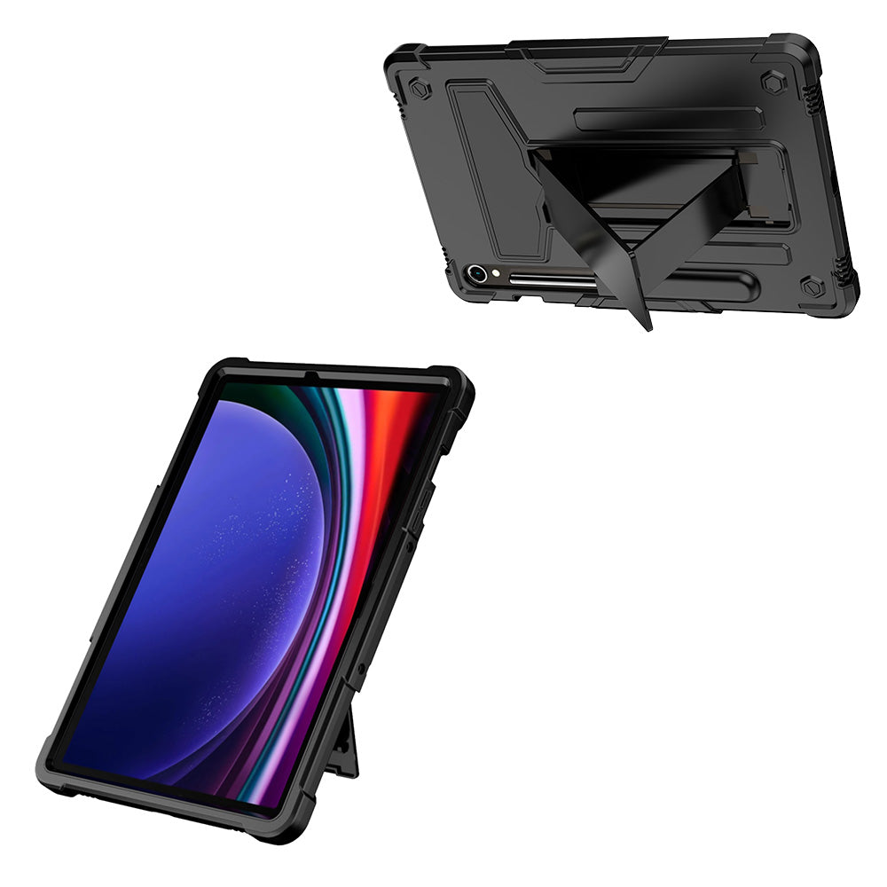 ARMOR-X Samsung Galaxy Tab S9 SM-X710 / X716 shockproof case. Folded T-shaped kickstand support both portrait and landscape mode. Work perfectly for APPs need both viewing modes.