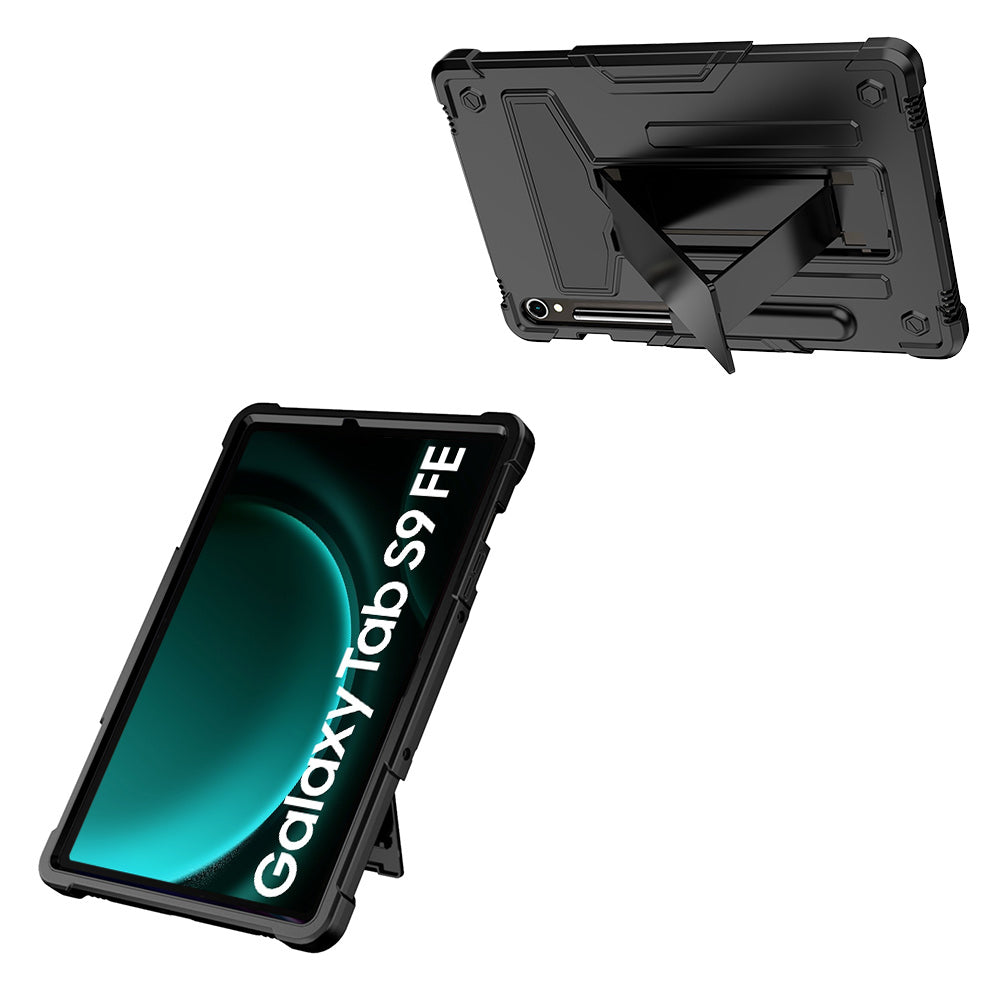 ARMOR-X Samsung Galaxy Tab S9 FE SM-X510 / X516B shockproof case. Folded T-shaped kickstand support both portrait and landscape mode. Work perfectly for APPs need both viewing modes.