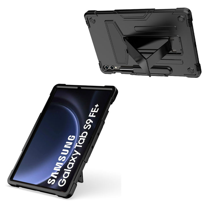 ARMOR-X Samsung Galaxy Tab S9 FE+ S9 FE Plus SM-X610 / X616B shockproof case. Folded T-shaped kickstand support both portrait and landscape mode. Work perfectly for APPs need both viewing modes.