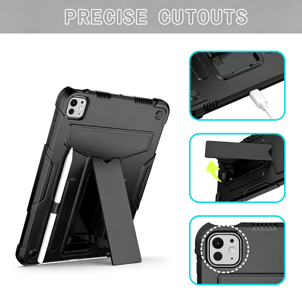 ARMOR-X iPad Pro 11 (M4) / (M5) shockproof case. Folded T-shaped kickstand support both portrait and landscape mode. Work perfectly for APPs need both viewing modes.