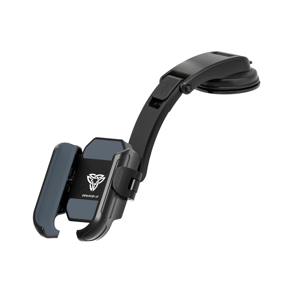 ARMOR-X Folding Arm Suction Cup Universal Mount for phone, great to use on most smooth surfaces, such as dashboards, windshields, countertops, desks and so on.