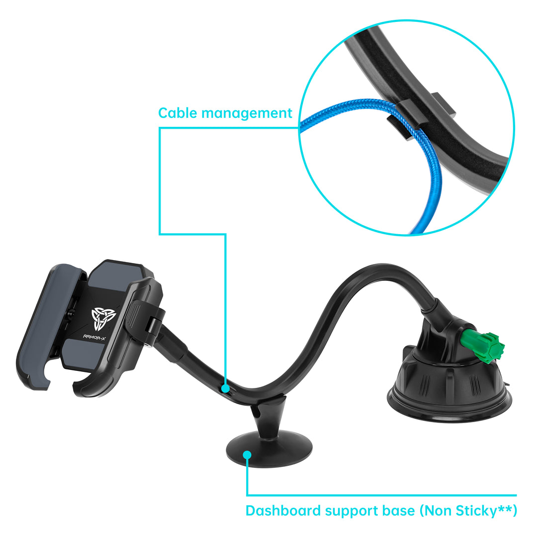 UCP-X183 | Truck / Work Van / Bus Dashboard Extra Long Suction Cup Car Universal Mount With Cable Management Design | Design for Phone