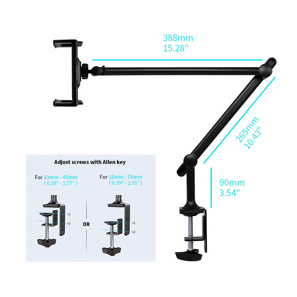 ARMOR-X aluminum adjustable arm clamp universal mount for tablet. Clamp fits desks, tables, sideboards, or beds with a max thickness of 10mm - 45mm (0.39" - 1.77"). For 10mm - 75mm (0.39" - 2.95") desks, adjust screws with Allen key.