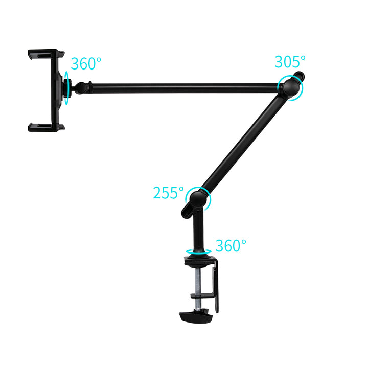 ARMOR-X aluminum adjustable arm clamp universal mount for tablet. The clamp mount has 4 rotatable joints (1x255°, 1x305°, 2x360°).
