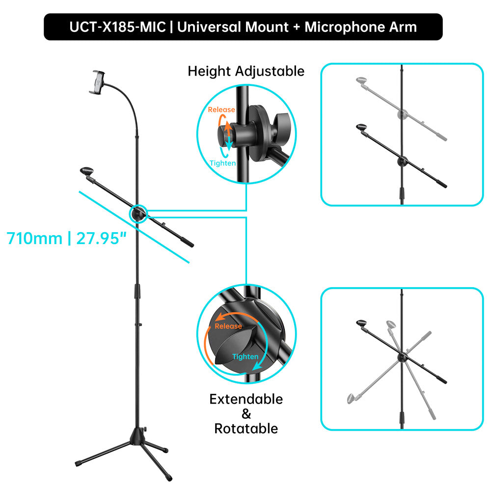 UCT-X185 | Tripod Floor Stand Universal Mount With Boom Microphone Arm | Design for iPad, Galaxy Tab & Tablet