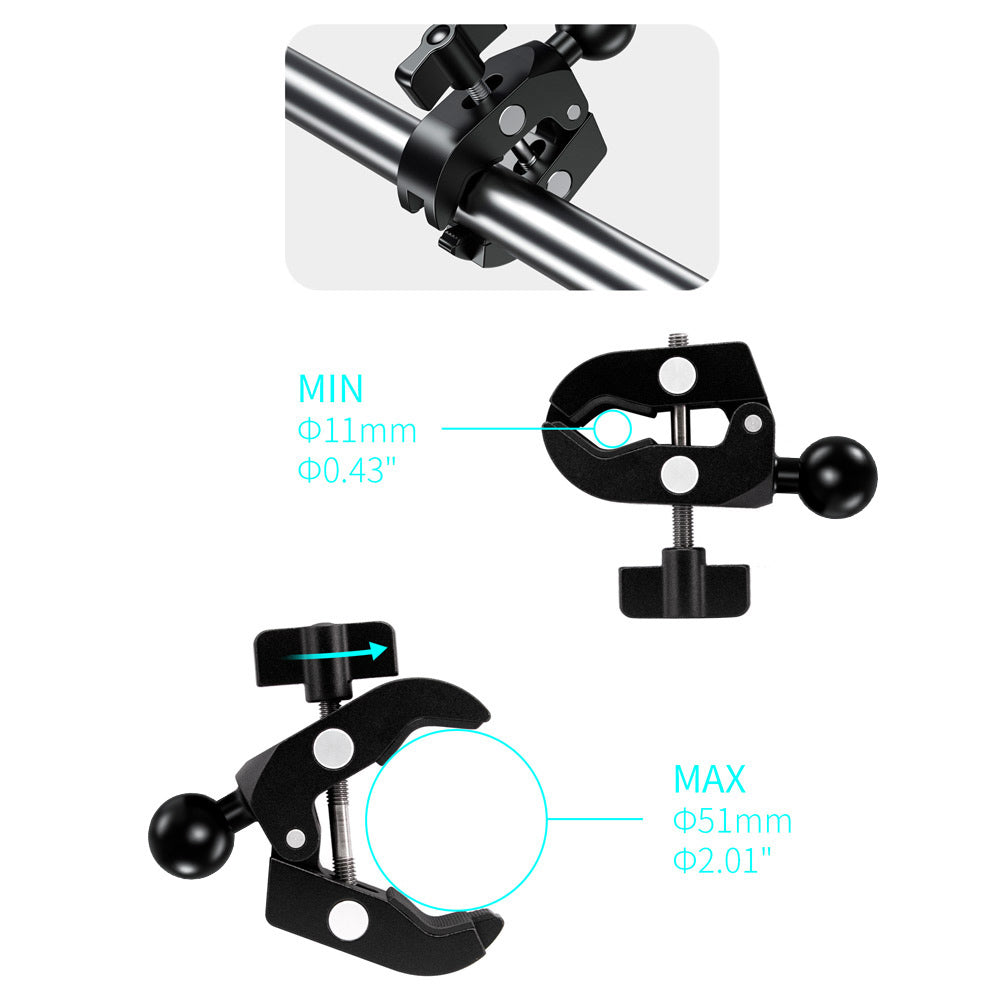 ARMOR-X Quick Release Handle Bar Mount Universal Mount for phone, quickly clamp to rails and bars ranging from 0.43" to 2.01" in outer diameter.