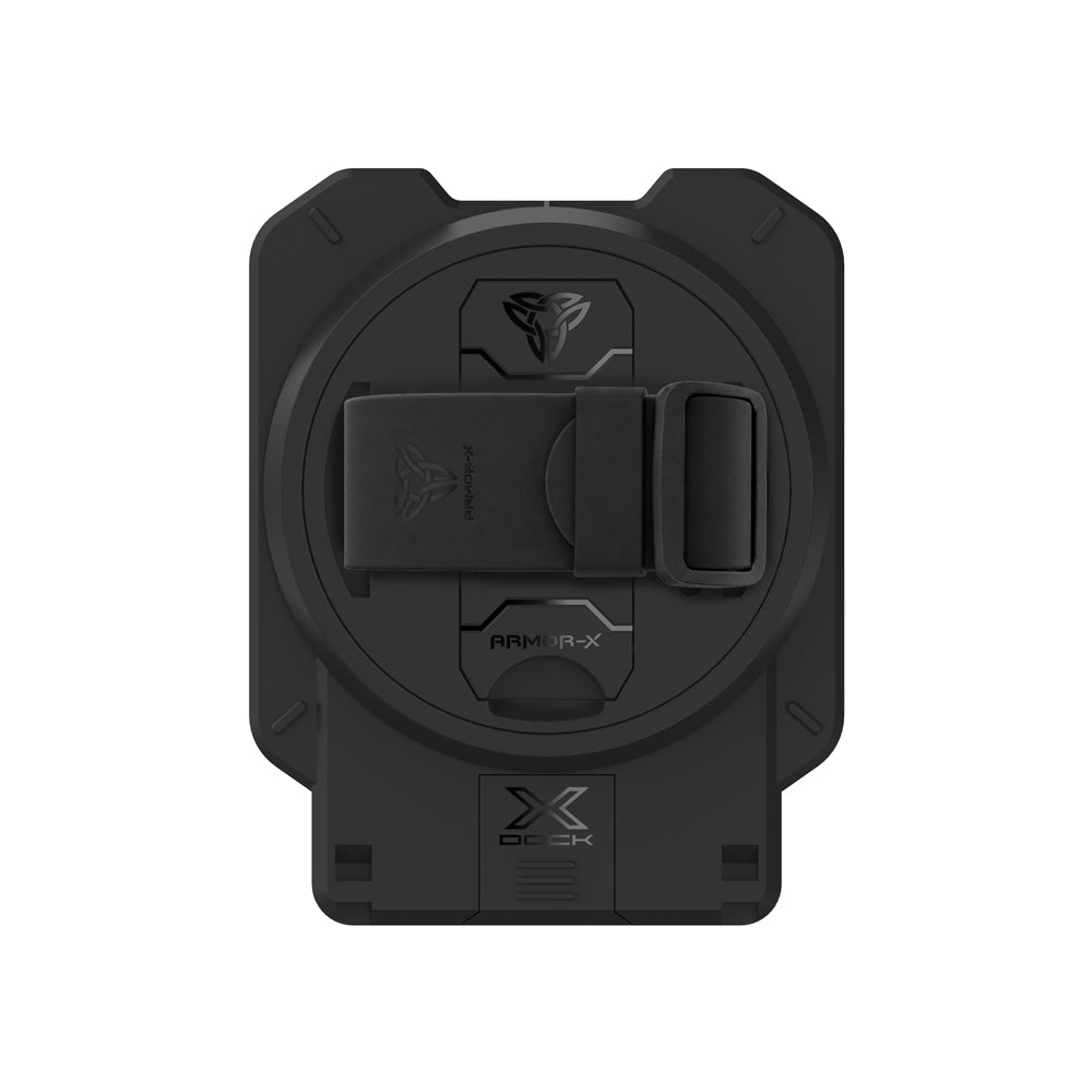 ARMOR-X Adhesive X-DOCK Universal Adapter for 7-9" tablets with a silicone hand strap, kickstand, 3M™ VHB adhesive, and X-DOCK compatibility for healthcare workflows.