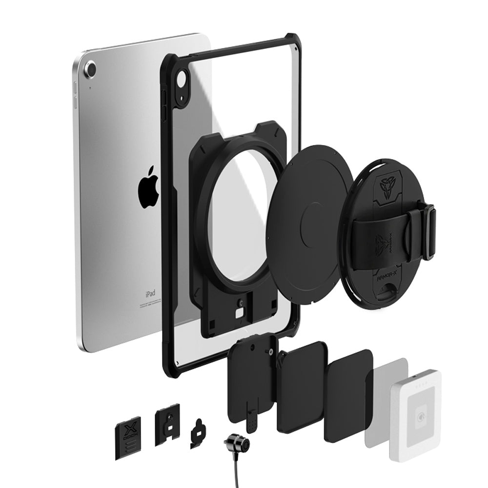 ARMOR-X Adhesive X-DOCK Universal Adapter for 7-9" tablets with a silicone hand strap, kickstand. Compatible with the X-DOCK modular ecosystem for seamless connection to M-POS systems, thermal printers, hubs, and other accessories.