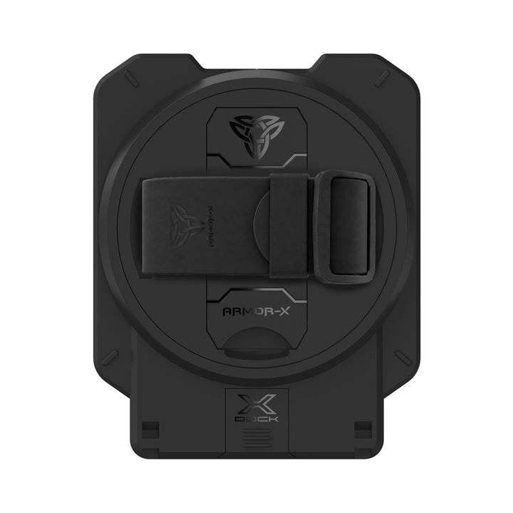 ARMOR-X Adhesive X-DOCK Universal Adapter for 9-13" tablets with a silicone hand strap, kickstand, 3M™ VHB adhesive, and X-DOCK compatibility for healthcare workflows.