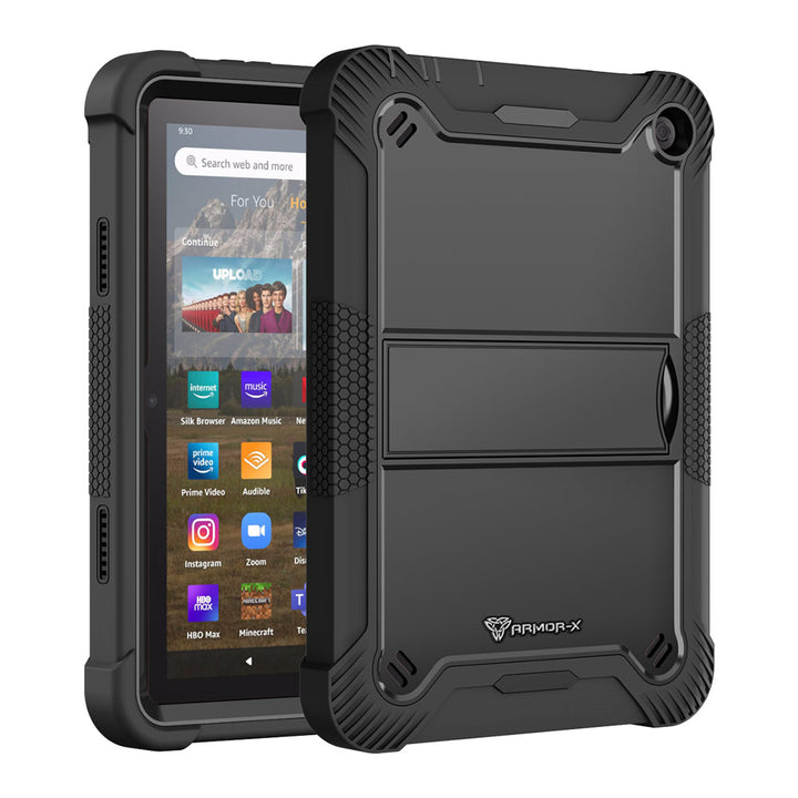 ARMOR-X Amazon Fire HD 8 / HD 8 Plus 2022 shockproof case, impact protection cover with kick stand. Rugged case with kick stand. Hand free typing, drawing, video watching.