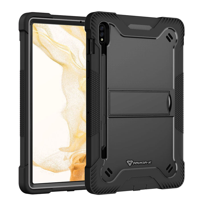 ARMOR-X Samsung Galaxy Tab S7 SM-T870 / SM-T875 / SM-T876B shockproof case, impact protection cover with kick stand. Rugged case with kick stand. Hand free typing, drawing, video watching.