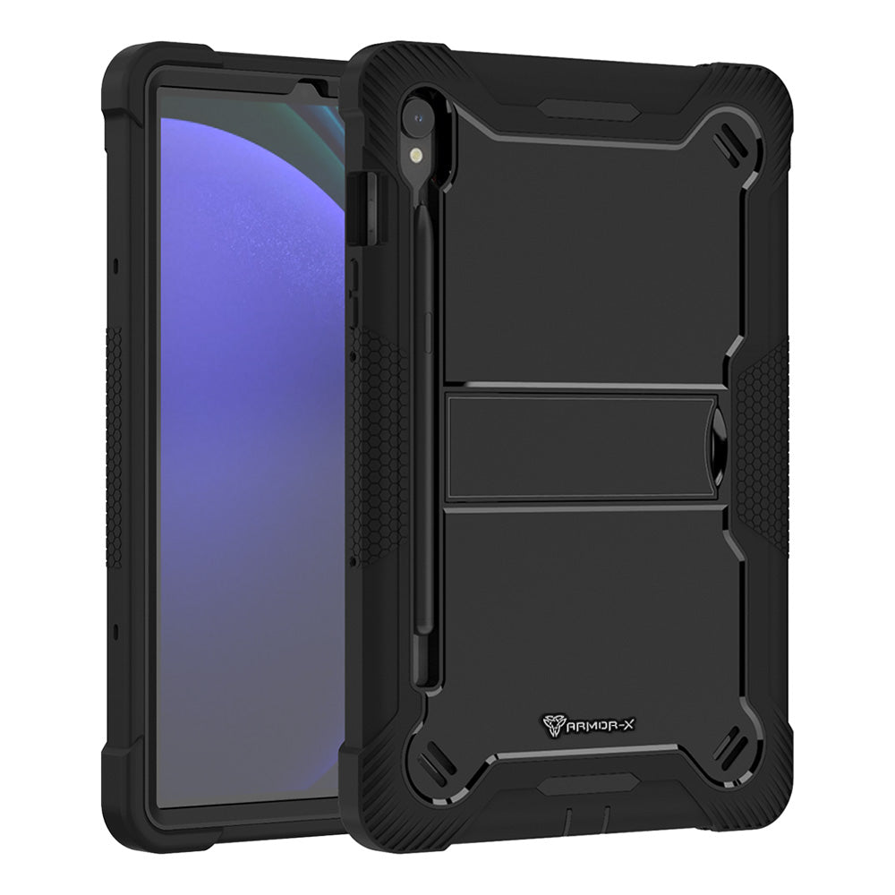 ARMOR-X Samsung Galaxy Tab S9 SM-X710 / X716 shockproof case, impact protection cover with kick stand. Rugged case with kick stand. Hand free typing, drawing, video watching.
