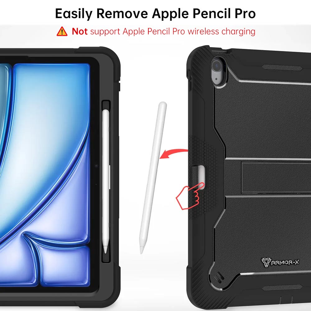 ARMOR-X iPad Air 11 ( M2 ) shockproof case, impact protection cover with kick stand. Rugged case with kick stand. Hand free typing, drawing, video watching.