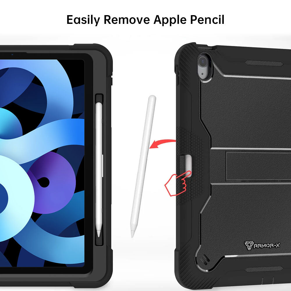 ARMOR-X iPad Air 4 2020 / iPad Air 5 2022 shockproof case, impact protection cover with kick stand. Rugged case with kick stand. Hand free typing, drawing, video watching.