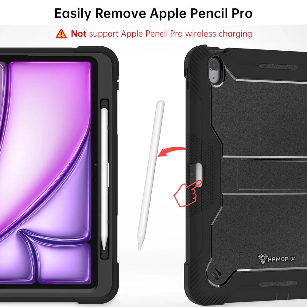 ARMOR-X iPad Air 13 ( M2 ) shockproof case, impact protection cover with kick stand. Rugged case with kick stand. Hand free typing, drawing, video watching.