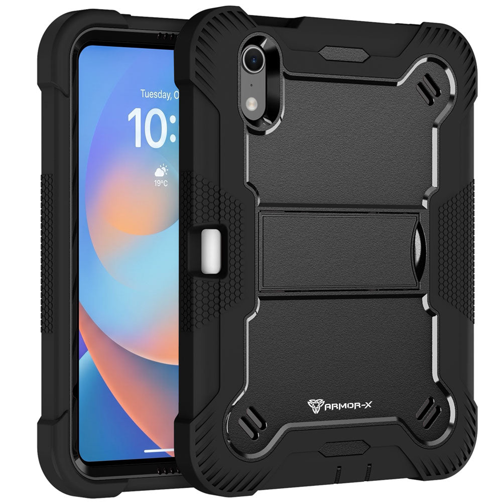 ARMOR-X iPad mini 8 shockproof case, impact protection cover with kick stand. Rugged case with kick stand. Hand free typing, drawing, video watching.