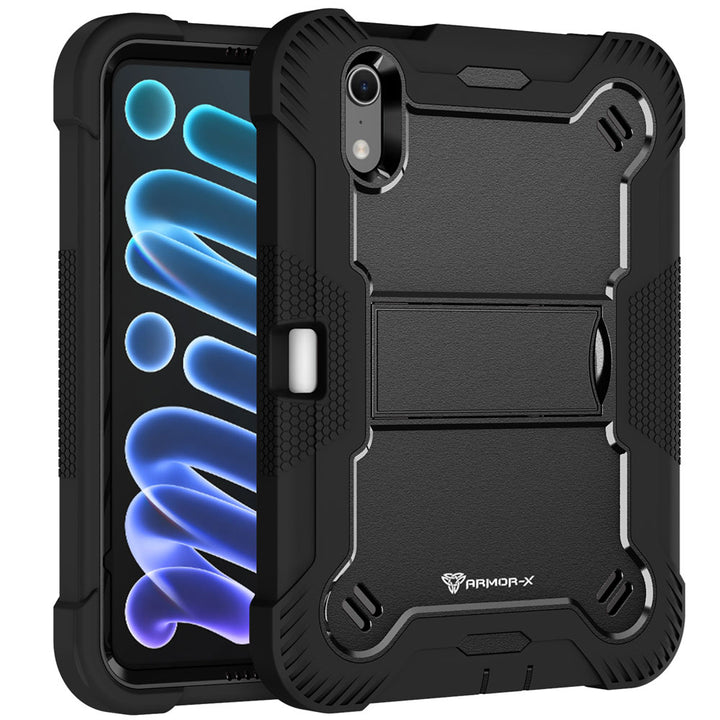 ARMOR-X iPad mini (A20 Pro) shockproof case, impact protection cover with kick stand. Rugged case with kick stand. Hand free typing, drawing, video watching.