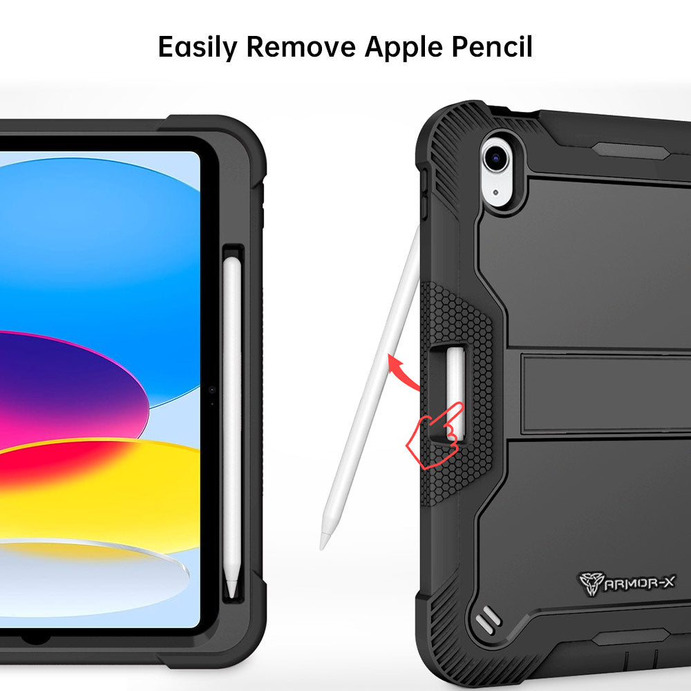 ARMOR-X iPad 10.9 (10th Gen.) shockproof case, impact protection cover with kick stand. Rugged case with kick stand. Hand free typing, drawing, video watching.