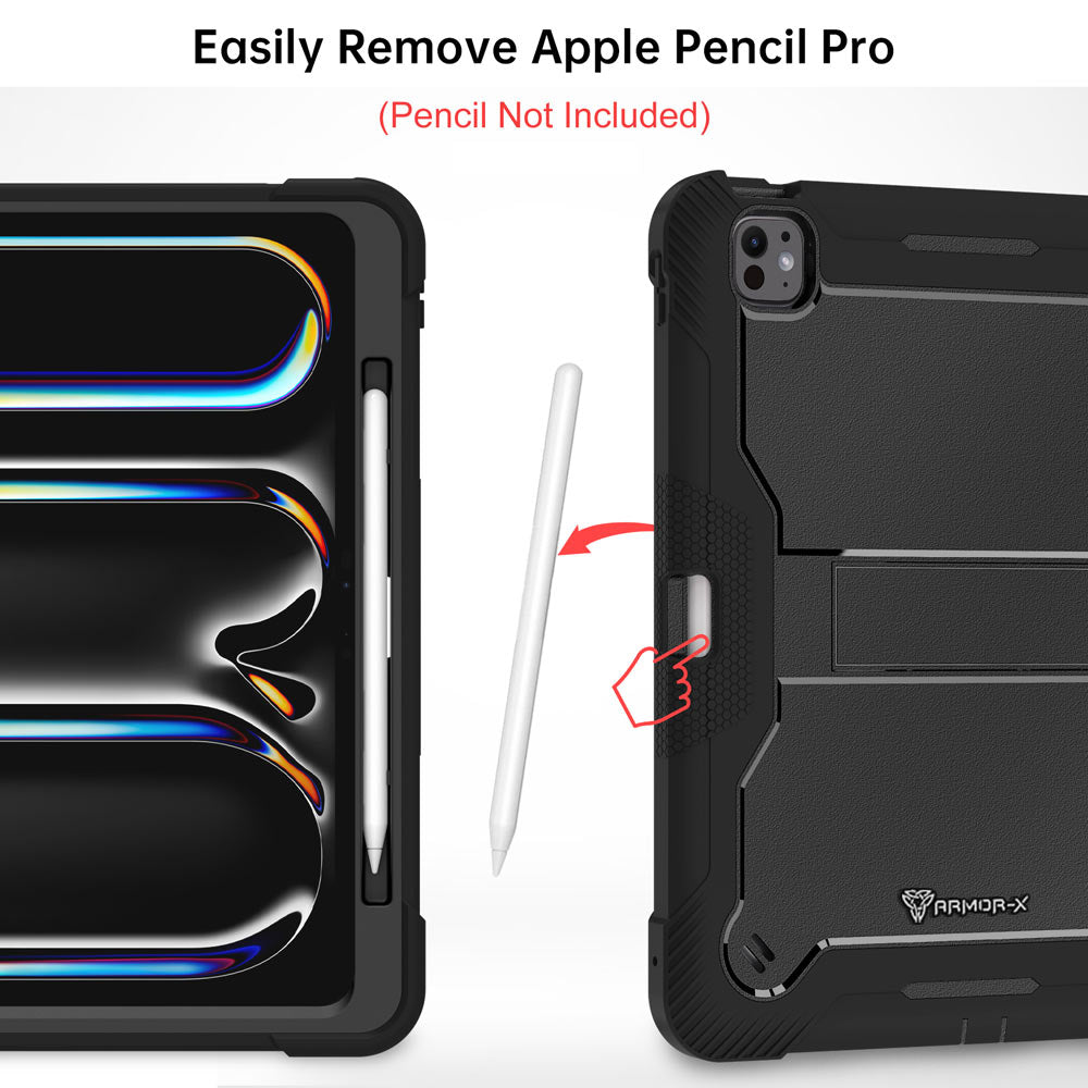 ARMOR-X iPad Pro 13 ( M4 ) shockproof case, impact protection cover with kick stand. Rugged case with kick stand. Hand free typing, drawing, video watching.