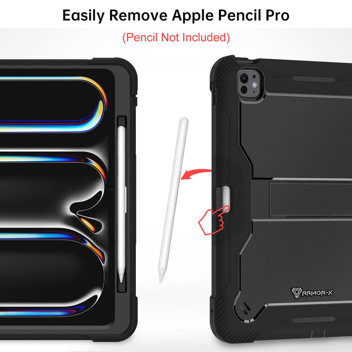 ARMOR-X iPad Pro 11 ( M4 ) shockproof case, impact protection cover with kick stand. Rugged case with kick stand. Hand free typing, drawing, video watching.