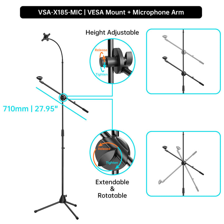 VSA-X185 | Tripod Floor Stand VESA Mount ( 75x75mm | 50x50mm ) With Boom Microphone Arm | Design for Tablet