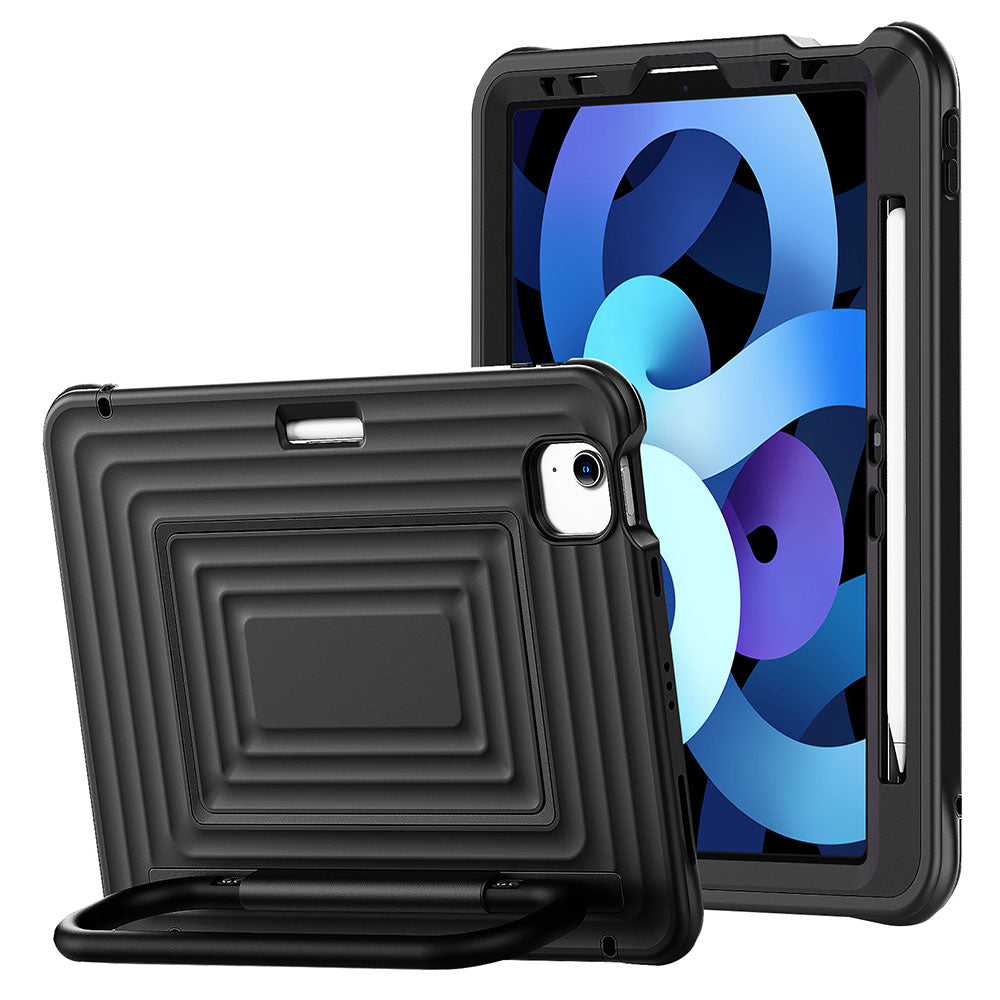 ARMOR-X iPad Air 4 2020 / iPad Air 5 2022 Rugged Case with Kick-Stand & Folding Grip. Designed for convenience and versatility, the integrated handle offers a secure grip—perfect for kids or on-the-go use. It also doubles as a sturdy kickstand, rotating up to 180° for flexible viewing angles.