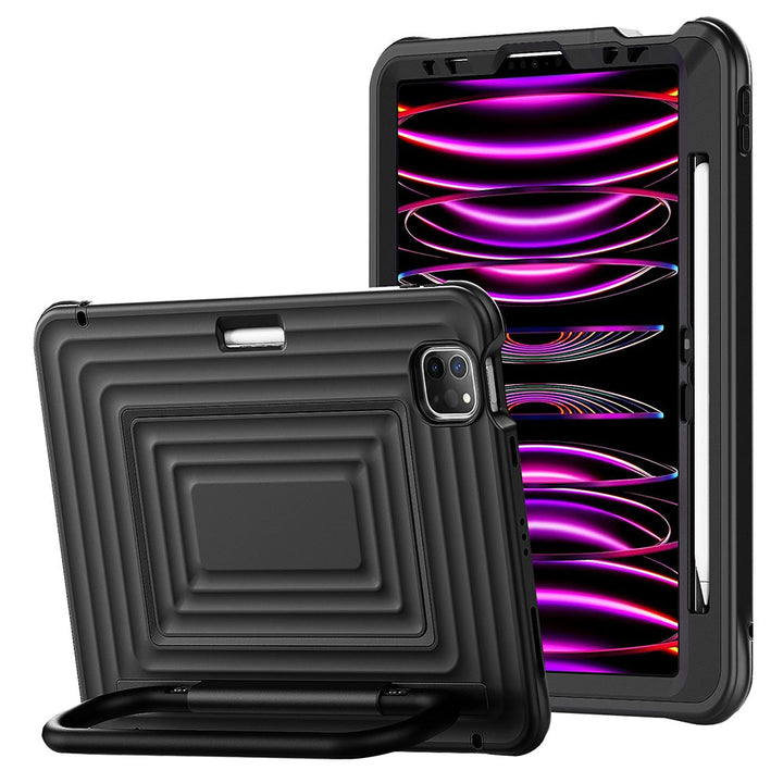ARMOR-X iPad Pro 11 ( 1st / 2nd / 3rd / 4th Gen. ) 2018 / 2020 / 2021 / 2022 Rugged Case with Kick-Stand &amp; Folding Grip. Designed for convenience and versatility, the integrated handle offers a secure grip—perfect for kids or on-the-go use. It also doubles as a sturdy kickstand, rotating up to 180° for flexible viewing angles.