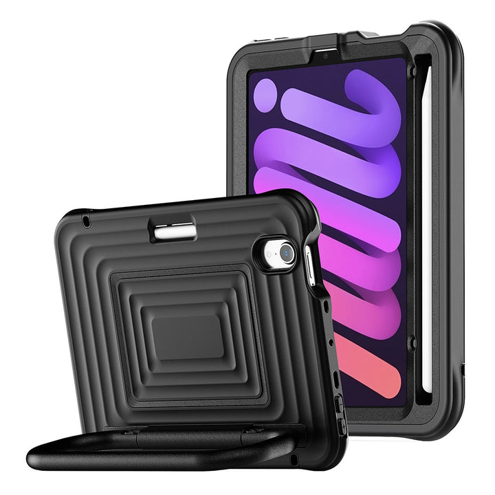 ARMOR-X iPad mini 6 Rugged Case with Kick-Stand & Folding Grip. Designed for convenience and versatility, the integrated handle offers a secure grip—perfect for kids or on-the-go use. It also doubles as a sturdy kickstand, rotating up to 180° for flexible viewing angles.