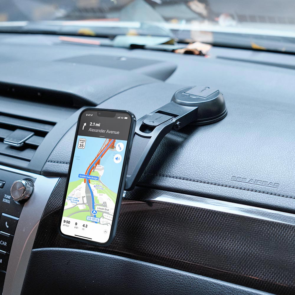 ARMOR-X Folding Car Dashboard Suction Cup Mount for phone, sticks firmly to the dashboard.