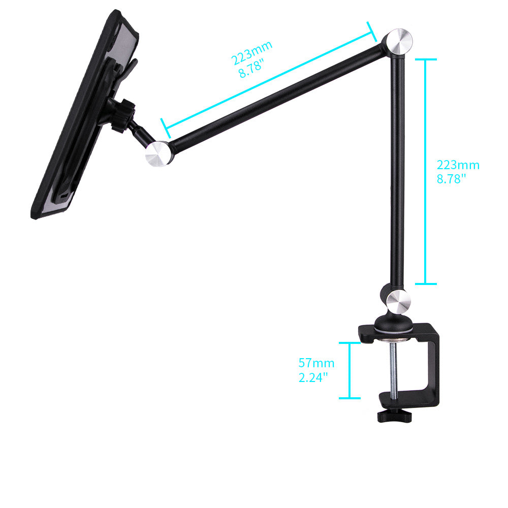 ARMOR-X flexible aluminum tabletop clamp mount for tablet, clamp fits desks, tables, sideboards, or beds with a max thickness of 57mm(2.24").