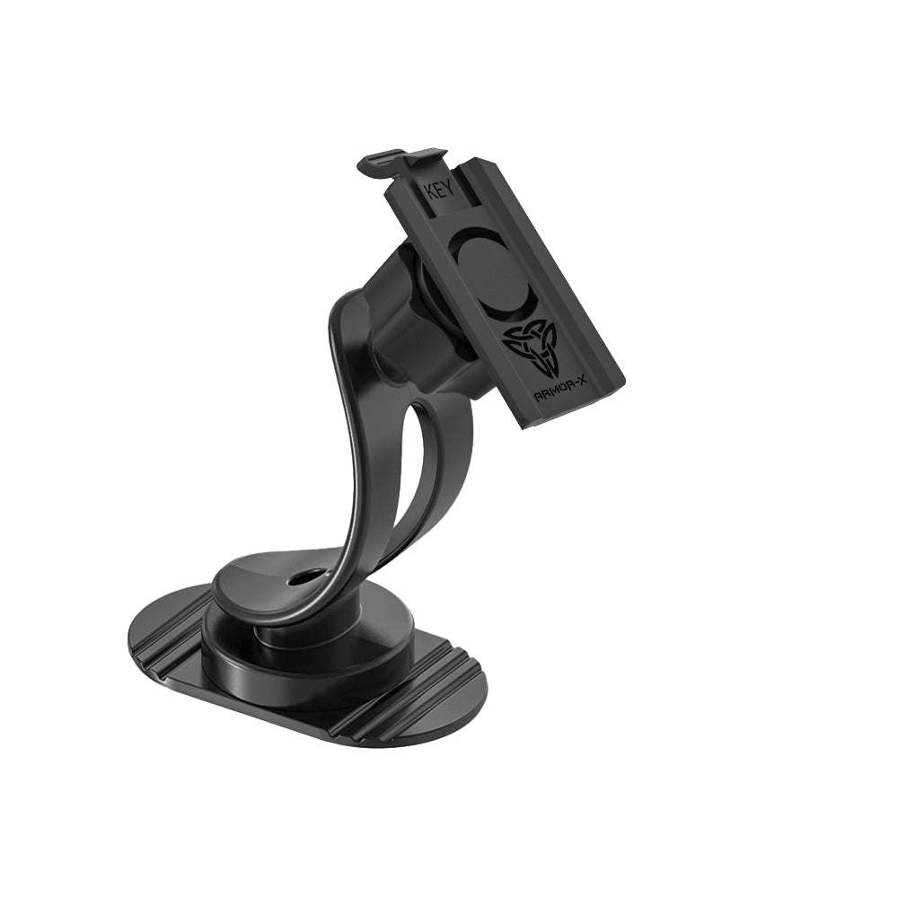 ARMOR-X Adhesive Rotating Dashboard Mount. With 3M VHB adhesive and a flexible base, the Mount can adhere to flat and slightly curved surfaces. Flat, hard plastic sections of car consoles or flat, hard plastic sections of dashboards should adhere well.