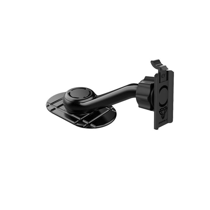 ARMOR-X Adhesive Rotating Dashboard Mount. With 3M adhesive and a flexible base, the mount can adhere to flat, sloped or slightly curved car dashboards.