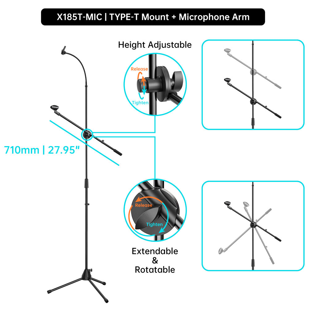 X185T | Tripod Floor Stand With Boom Microphone Arm | TYPE-T For Tablet