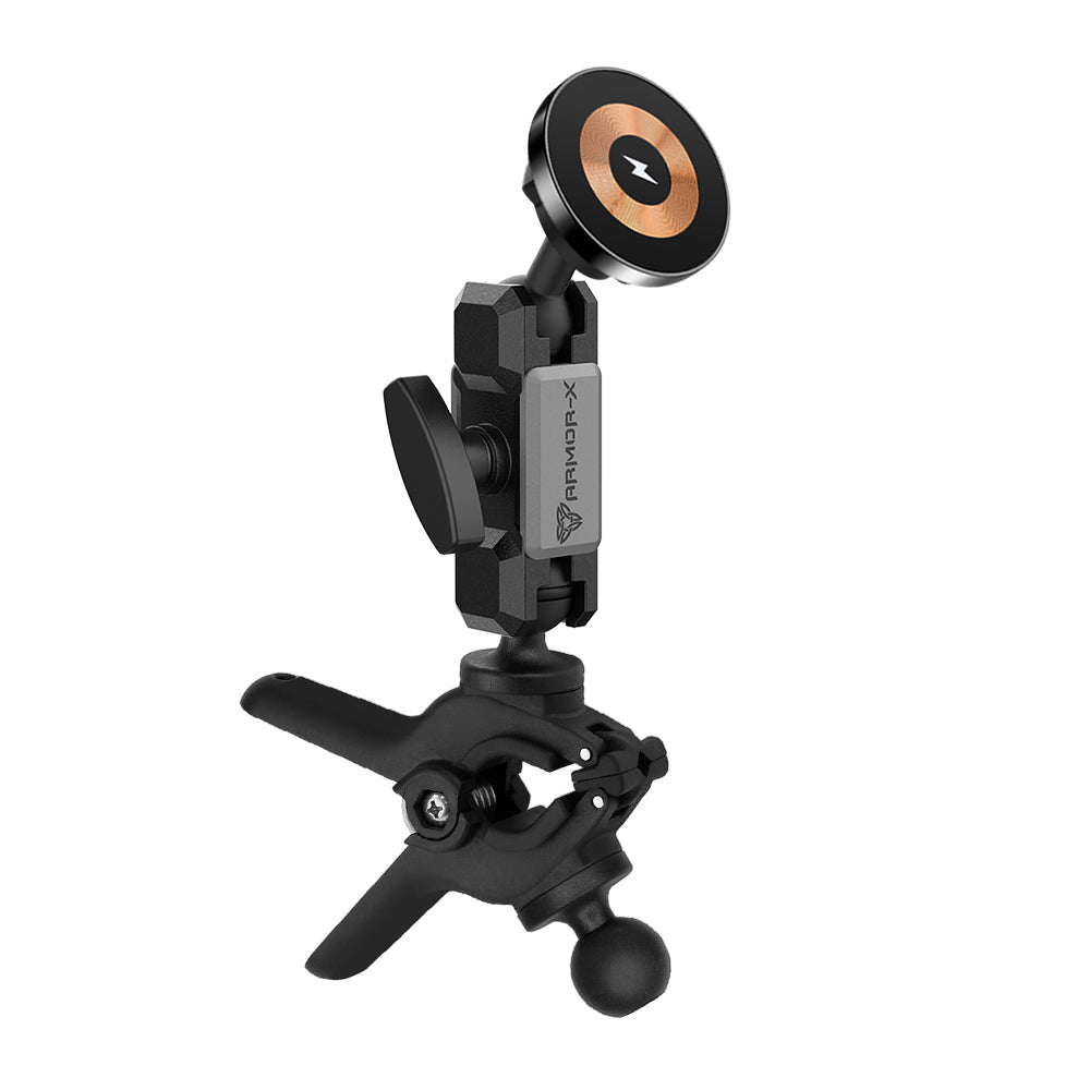 ARMOR-X Dual Ball Tough Spring Clamp MagSafe 15W Fast Charger Mount for iPhone.