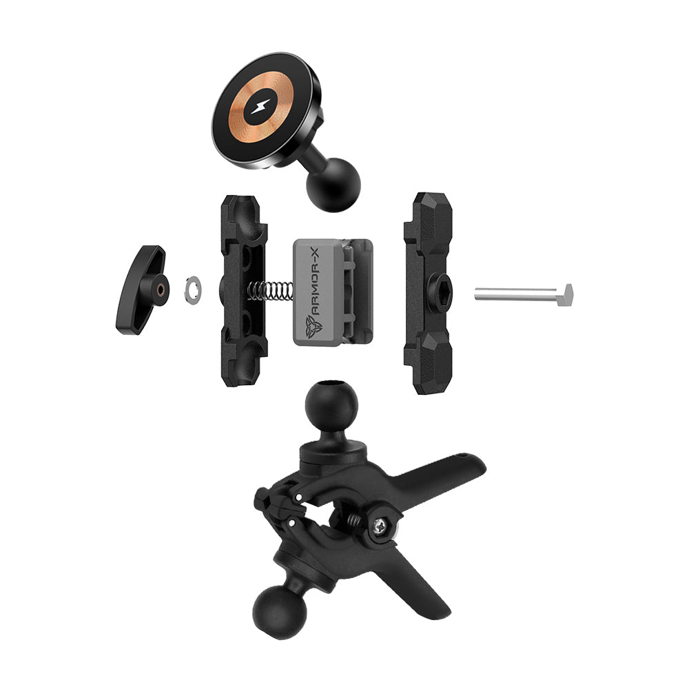 P49MS03 | Dual Ball Tough Spring Clamp Mount | MagSafe / Pixelsnap 15W Fast Charger | ONE-LOCK for iPhone & Smartphone