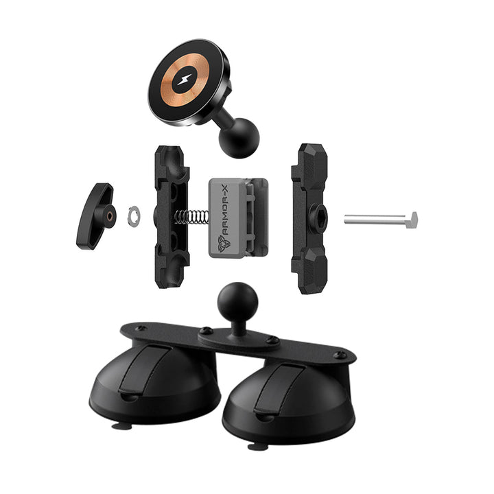 P52MS03 | Glass Double Suction Cup Mount | MagSafe / Pixelsnap 15W Fast Charger | ONE-LOCK for iPhone & Smartphone