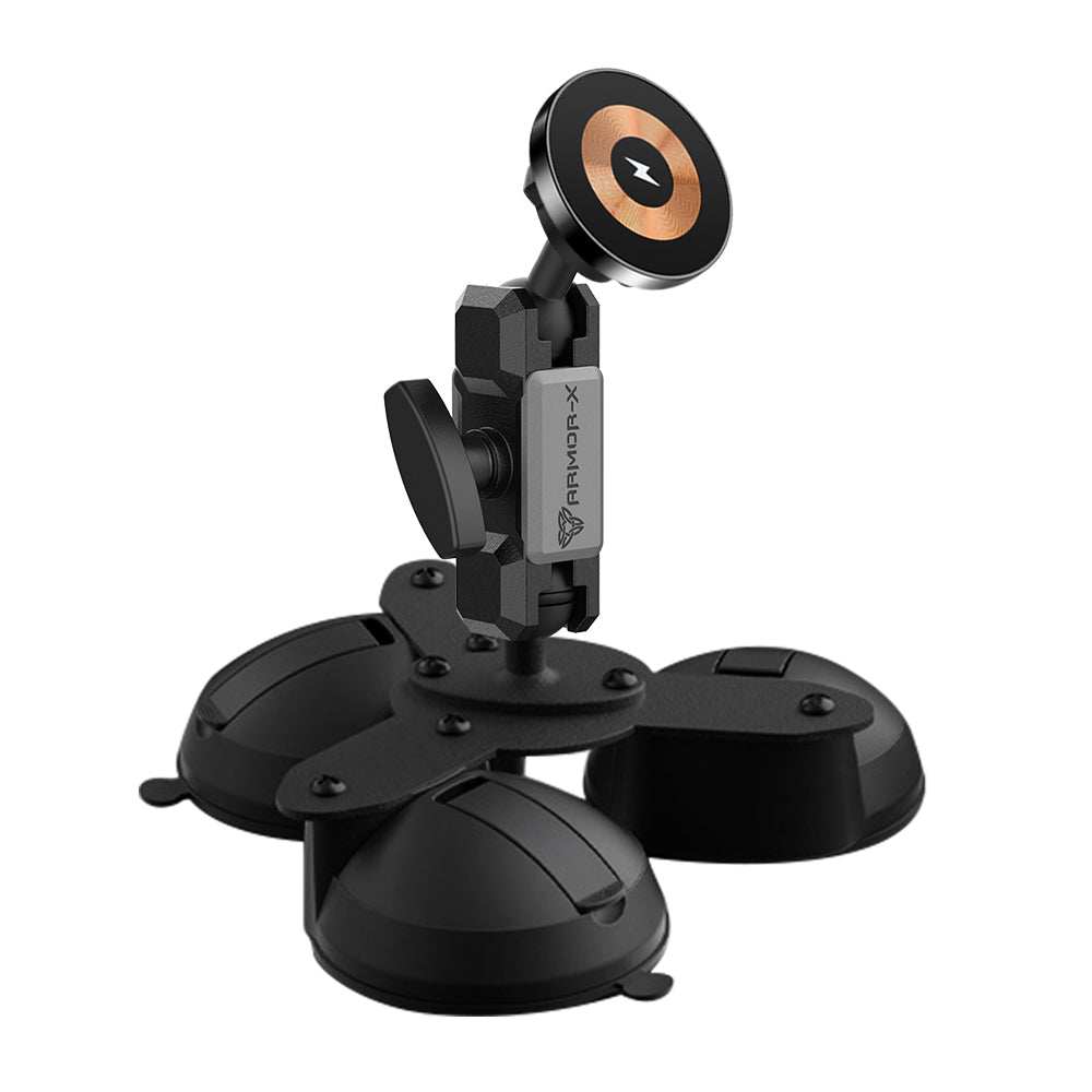 ARMOR-X Glass Triple Suction Cup MagSafe 15W Fast Charger Mount for iPhone.