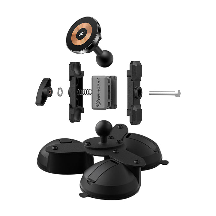 P53MS03 | Glass Triple Suction Cup Mount | MagSafe / Pixelsnap 15W Fast Charger | ONE-LOCK for iPhone & Smartphone