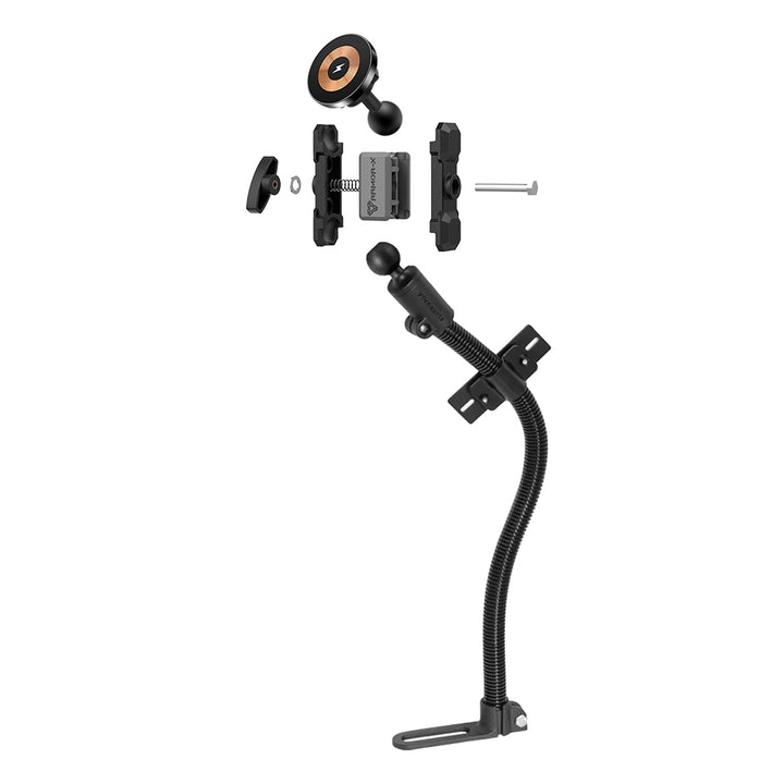 ARMOR-X mount base bolted to truck seat rail (no drilling), flexible arm holding iphone with wireless charging