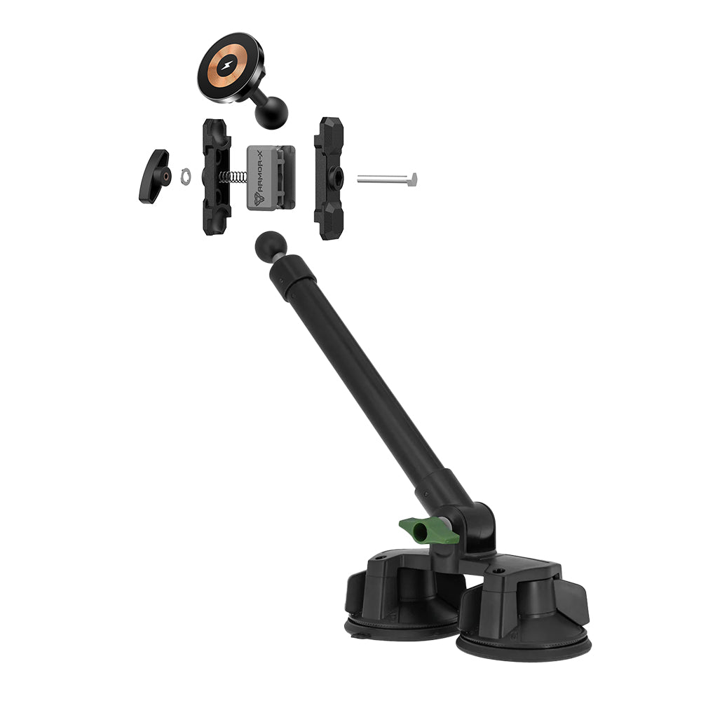 P65MS03 | Dual Suction Cup Mount with Long Arm | MagSafe / Pixelsnap 15W Fast Charger | ONE-LOCK for iPhone & Smartphone